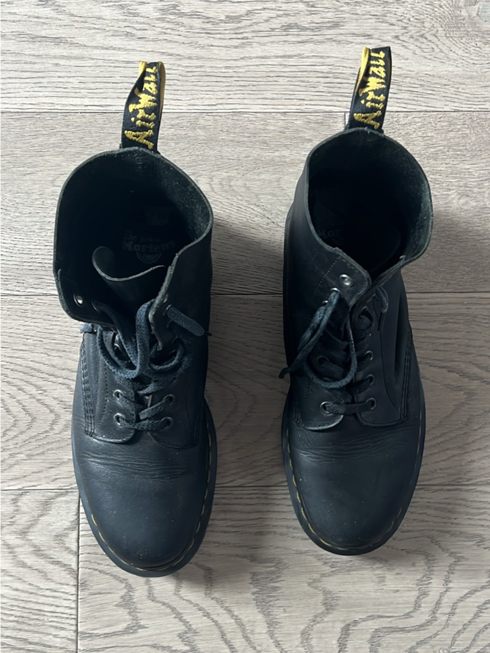 Dr. Martens 1460 Pascal Black Leather 6-Eye Lace-Up Boots with Yellow Stitching - Picture 2 of 3